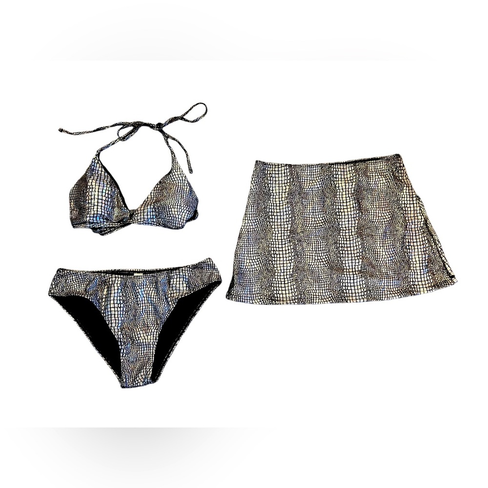 Silver metallic 3 piece bikini set high cut low waist string triangle top NWT